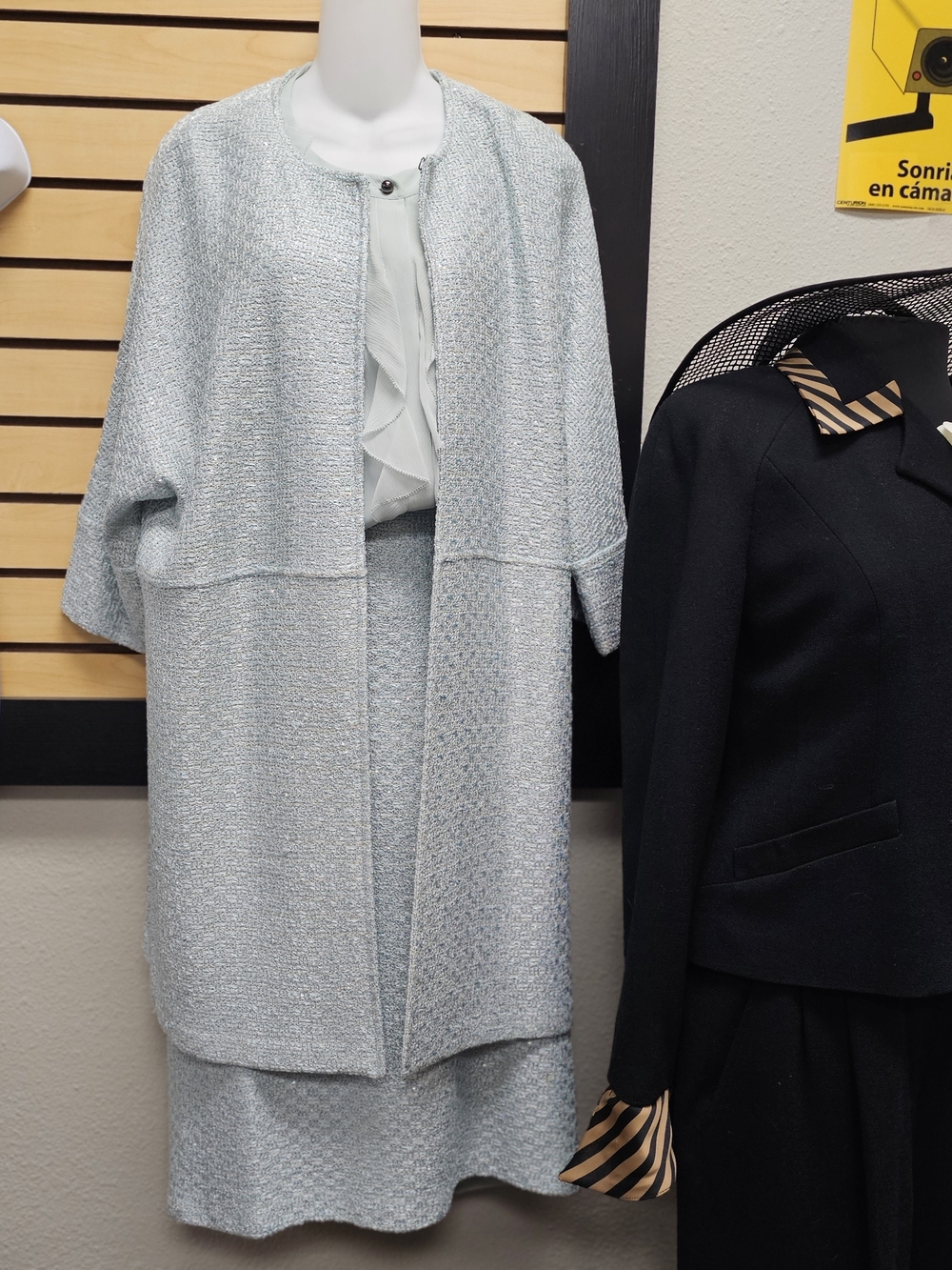St. John Pale Blue Tweed Coat and Skirt Ensemble With Matching Silk Blouse Size